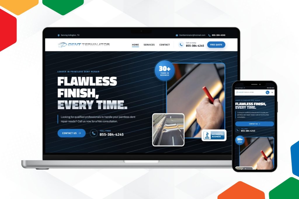 Dent Terminator paintless dent repair website built by Conroe SEO Experts, shown on a laptop and phone