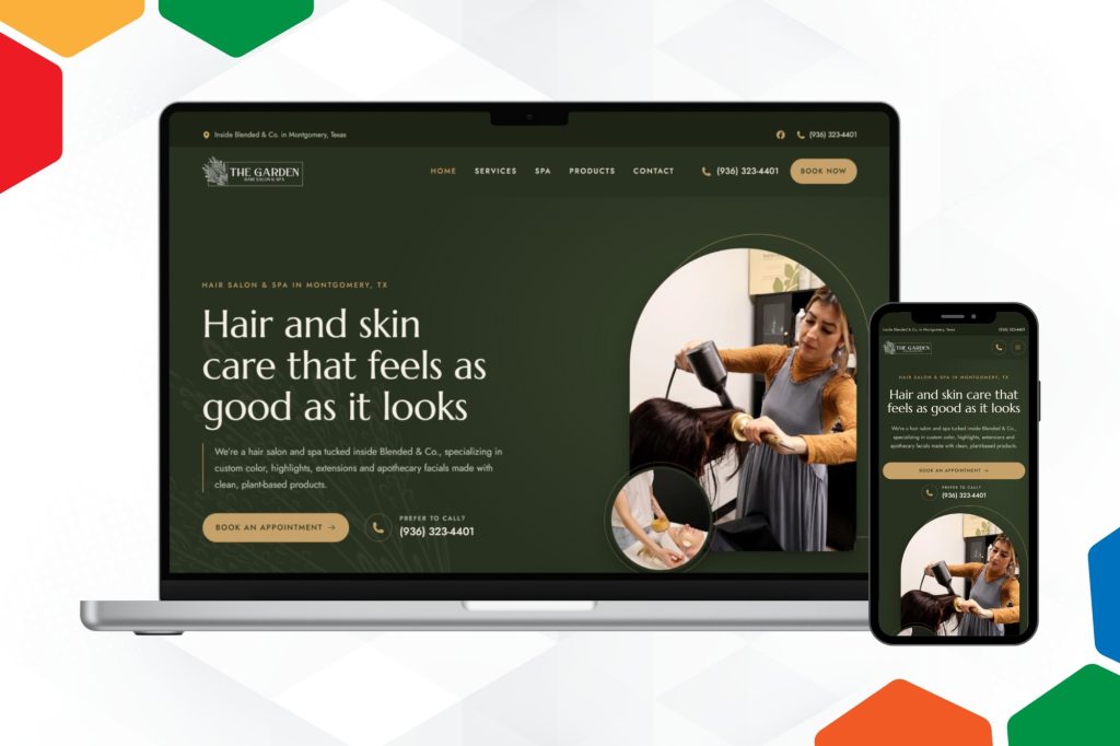 The Garden Hair Salon and Spa website built by Conroe SEO Experts, shown on a laptop and phone