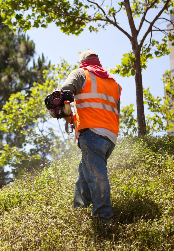 Landscaper in an orange safety vest running a string trimmer up a grassy slope